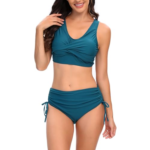 Ofertas Flash del Dia Bikinis Mujer 2025,Conjunto de Bikini Mujer Traje de Baño Mujer Dos Piezas Cuello en U Fruncido Bikini Tops y Cintura Alta Bragas de Baño Ropa de Baño Viajes Playa La Natacion