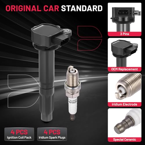 Image of BDFHYK 4 Ignition Coil Pack UF668 and 4 Iridium Spark Plug 7092 Compatible with Subaru 2010-2012 Legacy 2.5L H4, 2010-2012 Outback 2.5L H4 Coil for 22433AA620 22433AA621