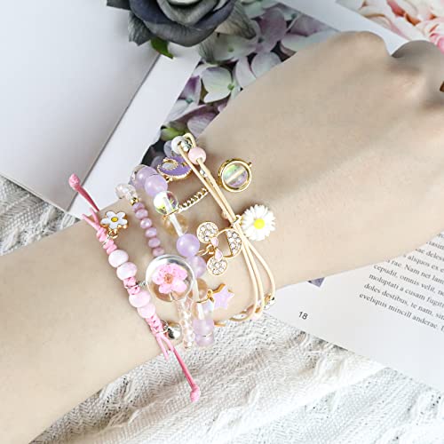 Image of 4 Pcs Beaded Cute Bracelets for Teen Girls Women, Dainty Cute Cartoon Crystal Beads Pearl Stretch Charm Handmade Adjustable Anklets Bracelet Set Birthday Gift for Friends