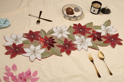 Image of Cotton Beautiful Silver Beaded Table Runner Craftsmanship | Pack of 1 Measure 13 * 36 Inches| Thanksgiving - Occasional Decoration Red Multi Flowers, Medium