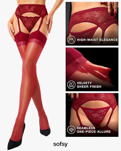Image of sofsy Italian All-in-One Sheer High Waist Suspender Tights | Women's 20D Floral Lace Top Lingerie-Style Garter Pantyhose
