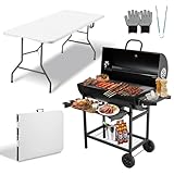 TEENO Mesa Plegable Exterior Blanca y Parrilla Barbacoa de Carbón, Mesa de Campingcon Cierre, Guantes anti-quemaduras y Clips,Parrilla Barbacoa Inoxidable con Termómetro y Asador