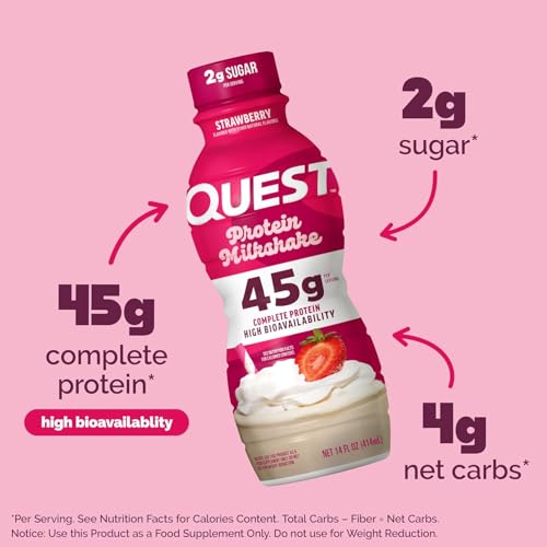 Image of Quest Nutrition Strawberry Protein Shake, 45g Protein, 2g Sugar, 4g Net Carbs, Ready to Drink, Gluten Free, (Pack of 24)