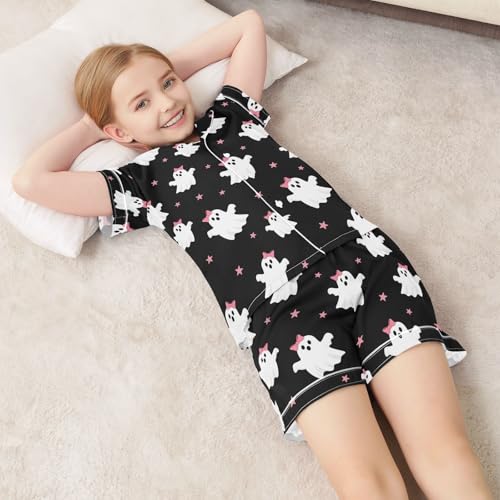Satin Pajama Sets Short Sleeve Cute Ghosts with Pink Bows Button Down Silky Nightwear 2 Piece PJS 5-14Y 7