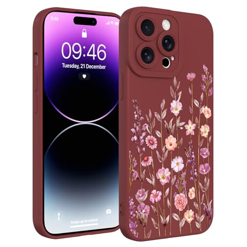 Image of Designed for iPhone 14 Pro Max Case Flower for Women, Wine Red | Cute Floral Pattern Liquid Silicone Phone Case [Full Camera Protection] Slim Soft TPU Protective Cover