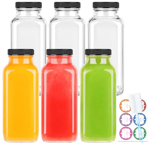 GUANENA 6 Pack Glass Drink Bottles 12 OZ Vintage Square Water Bottles with Lids Juice Bottles Beverages Containers for Milk Kombucha Smoothies