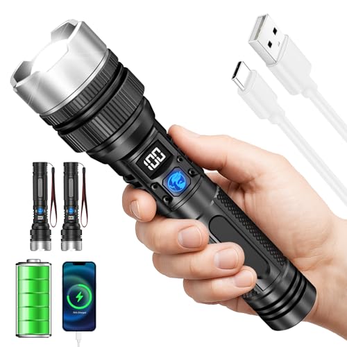 JMNGSHU Flashlight with 10000 Lumens, Type-C Fast Charging & 16-Hour Runtime, 3 Modes, Telescopic Zoom, Waterproof, Compact Handheld Flashlight for Camping, Hiking, Hurricane Prep (2-Pack)