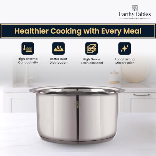 Image of Earthy Fables Stainless Steel Heavy Bottom Tope /Patila /Bhogona /Tapia for Milk, Boiling, Better Nutrition & Heat Distribution, Uses Less Oil & Gas, Stove & Induction Bottom, 22 cm, 4.5L