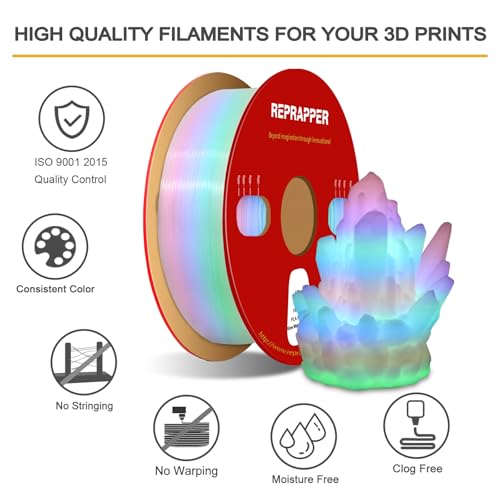 Image of RepRapper Glow in the Dark White to Rainbow PLA Filament 1.75mm (+- 0.03mm) 2.2lb (1kg) for 3D Printer, White Material with Rainbow Multicolor Glow Effect