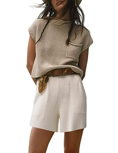 Bianstore Women's Two Piece Outfits Knit Sweater Set Solid Pullover Tops And Elastic Waist Short Pants Lounge Sets (White-Xs) #TOP7