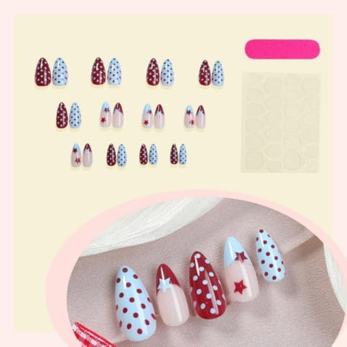 Image of Polka dot Press on Nails Red Blue Fake Nails with Point Design Medium Almond False Nail French Tip Glue on Nails Glossy Full Cover Artificial Acrylic Star Stick on Nail for Women Manicure 24Pcs