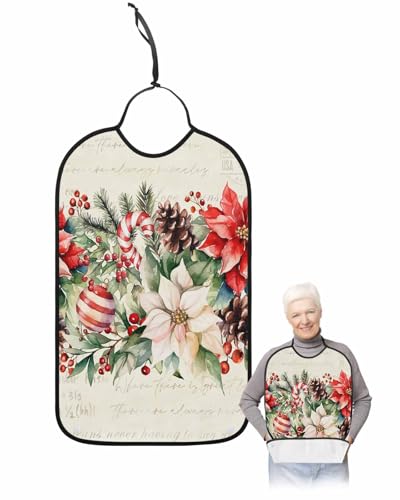 Christmas Poinsettia Adult Bib for Adults Men, Women, Pine Needles Pinecone Berry Xmas Washable & Adjustable Terry Cloth Bib with Crumb Catcher Reusable Waterproof Clothing Clothes Protector Apron