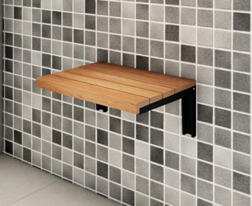 Folding Wooden Shower Seat, Foldable Wall Mounted Shower Bench, Wall Mounted Folding Wooden Shower Stool, Inside Shower Seat for Seniors Disableds Pregnants, Fold Down Shower Seat, Natural Solid Wood