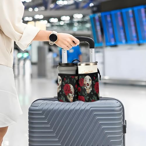 Image of Luggage Cup Holder for Suitcases Free Hands Suitcase Cup Holder Travel Luggage Drink Holder Portable Luggage Cup Caddy Bag Carrier with Handle Mexico Skull Rose Flowers Red