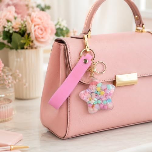 Image of Wanna Party Star Shaped Beads Keychain with Pink Wrist Strap, Cute Bag Charm Key Ring for Girls, Backpack Accessories, Birthday Return Gifts, Party Favors, School Bag Decoration - 1PC