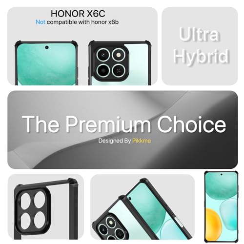 Image of Pikkme Back Cover for Honor X6c | Ultra Hyrbid | Full Camera Protection | Raised Edge | Crystal Clear Transparent Bumper Case (Black)