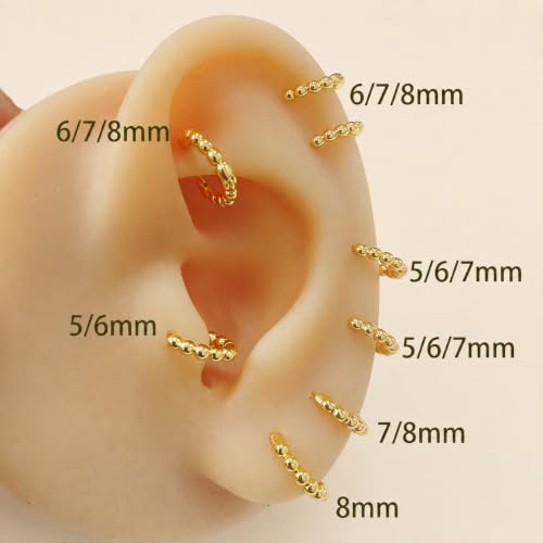 4 Pairs 5 6 7 8 mm Tiny Huggie Tragus Hoop Earrings Beaded 14K Gold Plated - image 2
