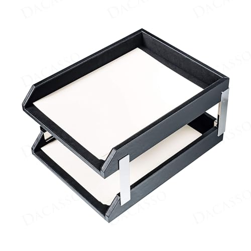 Dacasso Classic Black Leather Front-Load Double Letter Tray Set w/Silver Stacking Posts - Luxury Executive Decor and Office Essential - Desk Surface Protector