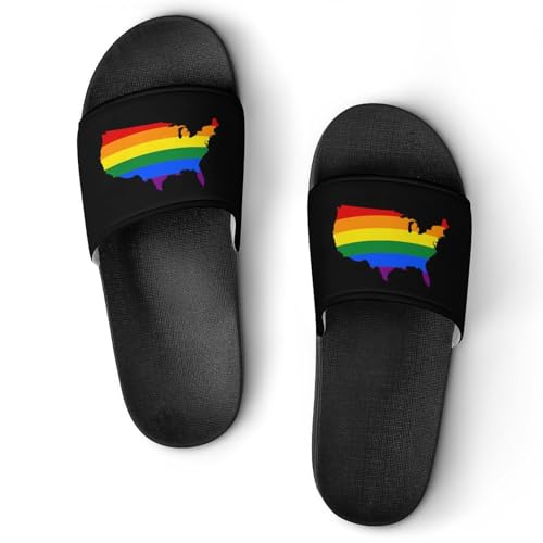 LGBT U.S. Flag Map Non Slip Slides Sandals for Women Men Quick Drying Shower Shoes for Bathroom Pool Beach