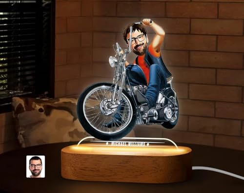 Image of THE GRANDEUR Personalized Caricature Gift for Men, Custom Bike Rider Cartoon LED Light with Wooden Stand - Acrylic Figurine, Unique Gift for Men & Him (15 x 6 cm)