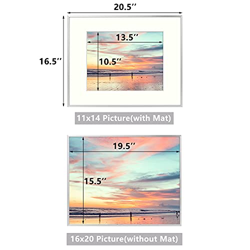 Golden State Art, Silver 16X20 Picture Frame - Displays Photos 11X14 With Mat Or 16X20 Without Mat - Shatter-Resistant Glass Aluminum Photo Frame For Wall Or Tabletop Display #TOP3