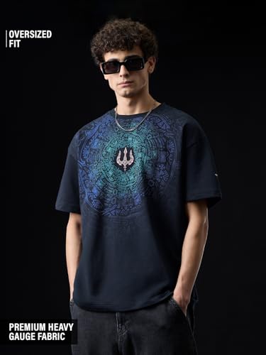 Image of The Souled Store Originals : Kalyuga Oversized T-Shirt for Men Boys Cotton Casual Half Sleeves Baggy Loose Fit Drop Shoulder Round Neck Grey