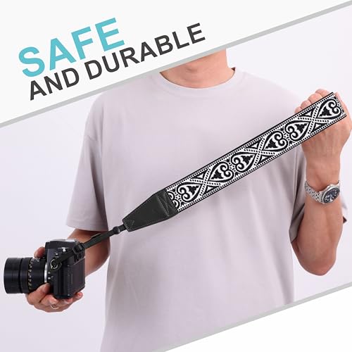 Image of Padwa Lifestyle Camera Strap - 2 inch Full Grain Leather Ends Camera Straps for Photographers, Vintage Silver Embroidered Cotton Weave Soft Suede Fabric Padded Strap Quick Release fits All Cameras