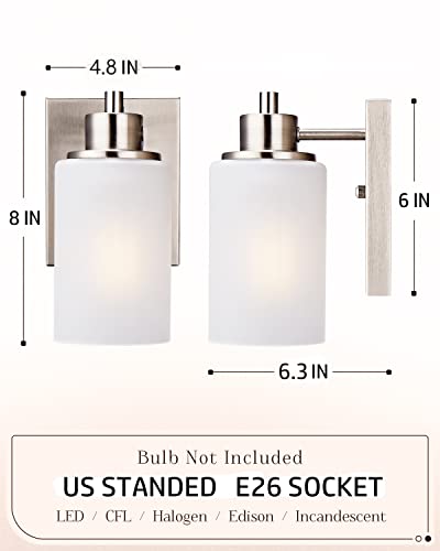 2-Pack Modern Bath Vanity Light Fixture 1-Light, Indoor Bathroom Wall Sconces For Living Room, Porch, Bedside, Brushed Nickel Finish With White Frosted Glass Shades Wall Mounted Lights #TOP1