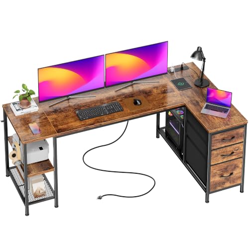 PRAISUN 55" L-Shaped Desk with 3 Drawers