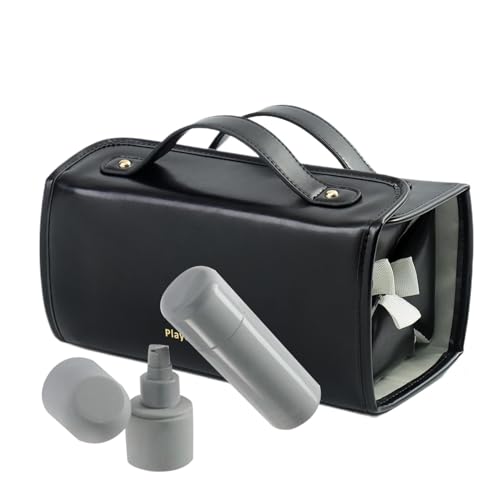 Neceser compacto, plegable y enrollable con múltiples compartimentos transparentes extraíbles, bolsa de aseo portátil de piel sintética para pintalabios, brillo de labios, Black, Refer to description