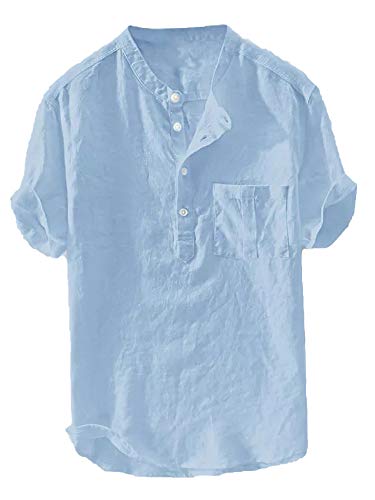 Enjoybuy Mens Banded Collar Linen Casual Button Up Shirts Short Sleeve Summer Comfort T-Shirts (X-Large, 03-Blue)