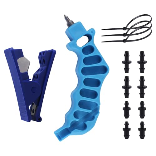 UFURMATE Drip Irrigation Tubing Hole Punch Cutter Tool Set, 1Pcs 2-in-1 Combination Drip Punch Tool and 1Pcs Irrigation Sprinkler Hose Cutter with Goof Plugs, Connectors and Fixing Ties