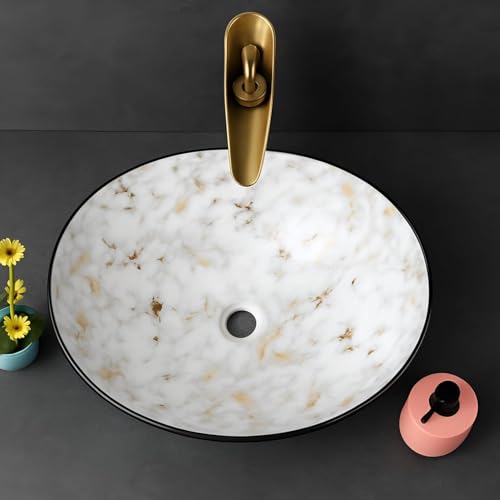 Image of Premium Ceramic Table Top Wash Basin, Modern Designer Vessel Sink for Bathroom & Vanity Countertop, Elegant Over Counter Basin, 16 x 13 x 5.5 Inch
