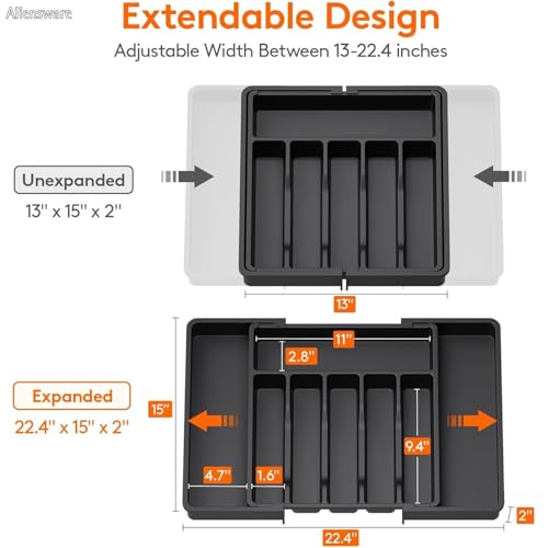 Image of Aliensware Expandable Slider Kitchen Drawer Organizer, BPA Free Utensil, Adjustable Flatware & Cutlery Holder /Divider Tray for Spoons Forks, Knives Tableware Storage-13-22.4 X15X2 inch(8-Slots /Black)