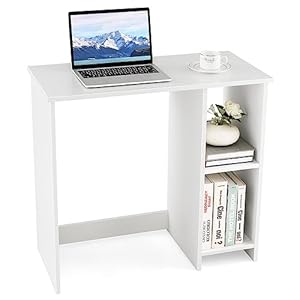 Tangkula Small White Desk with Shelves, Compact Desk for Small Space, Study Writing Table with 2 Tier Shelves, Modern Simple Style Laptop PC Table, White