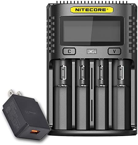 Nitecore UMS4 Intelligent USB Four Slot Quick Battery Charger for Li-Ion/Ni-MH/Ni-Cd/IMR 16340 14500 18650 21700 20700 AA AAA and More Batteries, with LumenTac QC3.0 Charging Adapter