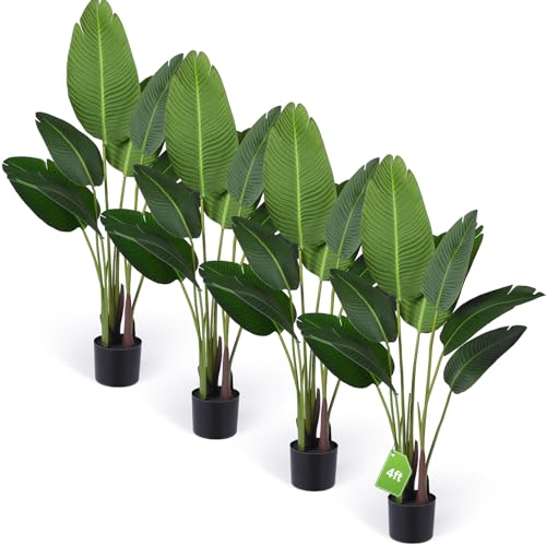 Crowye Paquete de 4 plantas artificiales de ave del paraíso de 4 pies con 10 troncos, hojas de plátano, hojas artificiales de tacto real, árbol falso con maceta de plástico para interiores y