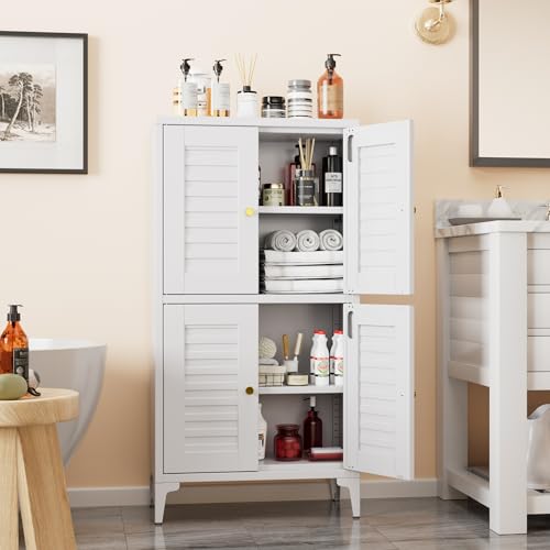 Image of GangMei Metal Bathroom Storage Cabinet with 4 Doors,Bathroom Floor Cabinet with 2 Adjustable Shelves for Home, Laundry,45.87" H × 23.62" W × 11.81" D,Assembly Required,White