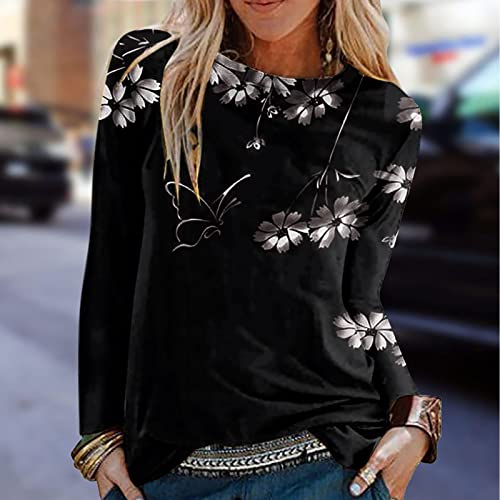 Long Sleeved Tee Womens Long Sleeve Tops Casual Blouse Crew Neck Shirts Tunic Basic Floral Space T Shirt (B-Black, Xl) #TOP3
