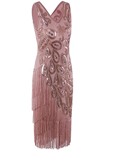 VIJIV Women's Vintage 1920s Style Peacock Sequin Roaring 20s Gatsby Party Flapper Dress2