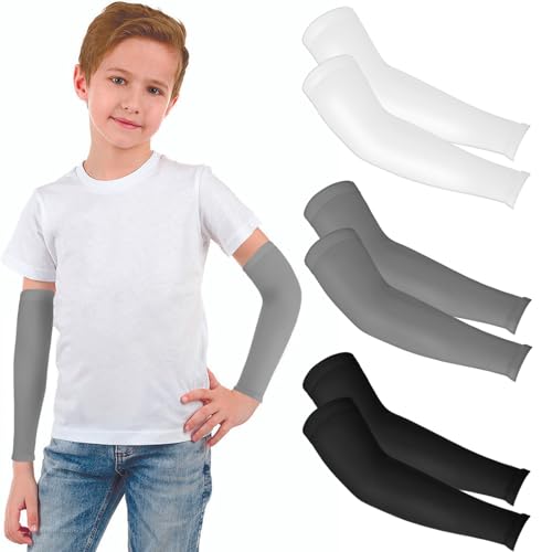 3 Pairs Kids Arm Sleeves, UV Sun Protection Arm Sleeves for Men Women Upf 50 Compression Cooling Sleeves Outdoor Sport Breathable Elastic Ice Sleeve for Youth Boys Girls Sports (Black White Grey)