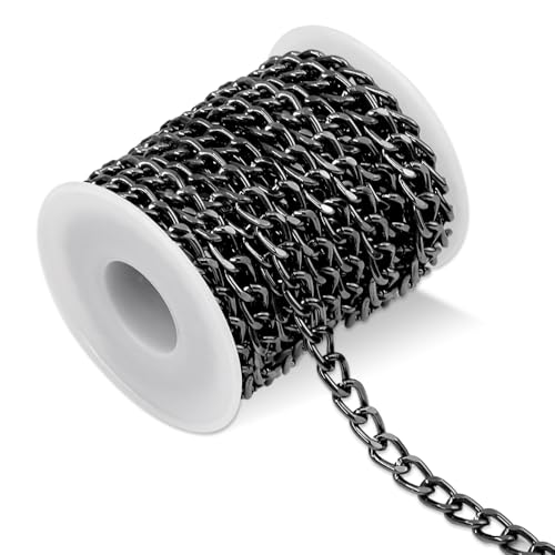 TOKSEO 5 m in alluminio con bobina, catena a maglie nere al metro, non sbiadisce, 6,5 x 10 mm, adatta per collane, bracciali e gioielli fai da te