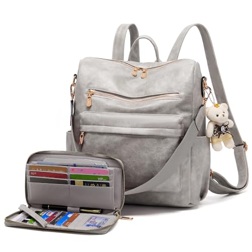 Image of Soperwillton Women Backpack Purse Shoulder Handbags Travel Bag Set 2pcs | Soft PU Leather,Large Capacity,Many Pockets,with a Functional Wallet,with a Detachable Shoulder Strap,Multipurpose Design