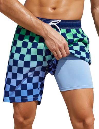 unitop Men's Swim Trunks with Compression Liner Quick Dry Bathing Suit Summer Beach Shorts with Pockets