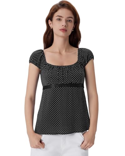 SUUKSESS Women Babydoll Tops Square Neck Summer Cute Peplum Shirts Cap Sleeve Going Out Tops(Black Polka Dots, M)