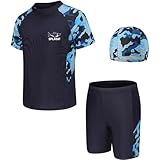 NIUAOAO Boys Swimsuits Kids 3PCS Rash Guard Sets with Hat UPF50+ Short Sleeve Swimwear Sets 12-14 Years for Boys 7XL