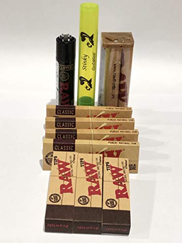 Raw Classic Single Wide (3 Packs) Raw Original Tips (3 Packs) Raw Roller 70MM, Raw Black Clipper & Small DoobTube.