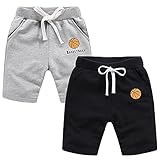 EISHOW 2-Pack Baby Boys Girls Shorts Basketball Soccer Funny Print Short Pants Soft Cotton Shorts with Drawstring Pockets (Gray & Black,12-18 Months,12 Months,18 Months)