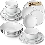 MALACASA Geschirrset 24-teilig, Porzellan Schüssel und Teller Set, Tafelservice 6 Personen, Weiße mit schwarzem Rand Speiseteller & Schalen, Spülmaschinen- & Mikrowellengeeignet, Serie LEXI