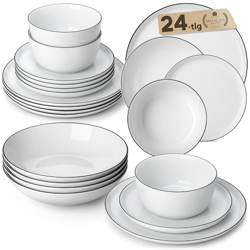 MALACASA Geschirrset 12-teilig, Porzellan Schüssel und Teller Set, Tafelservice 4 Personen, Weiße Speiseteller & Schalen, Rundes Essgeschirr Set, Spülmaschinen- & Mikrowellengeeignet, Serie LEXI